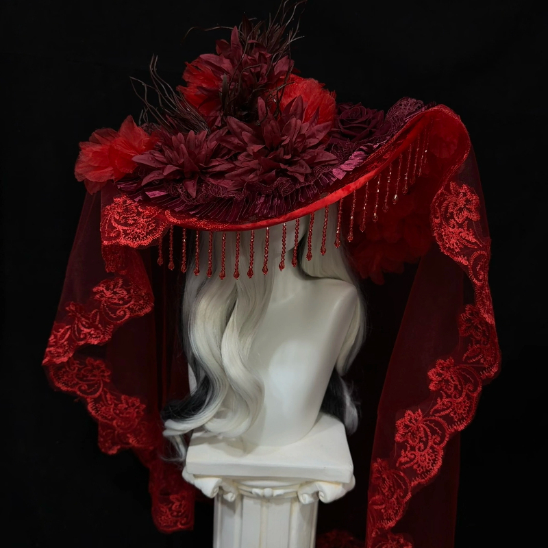 Women'S Victorian Era Accessories - Roter Witwenhut für Damen, Lolita-Kopfschmuck für