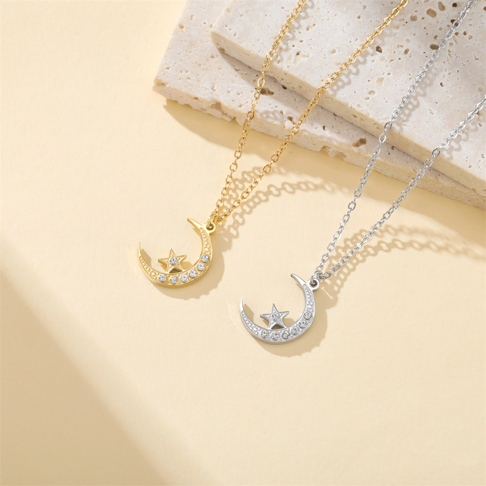Charm Necklace Dainty - Mond- und Stern-Strass-Anhänger-Halskette aus Edelstahl, zierliche