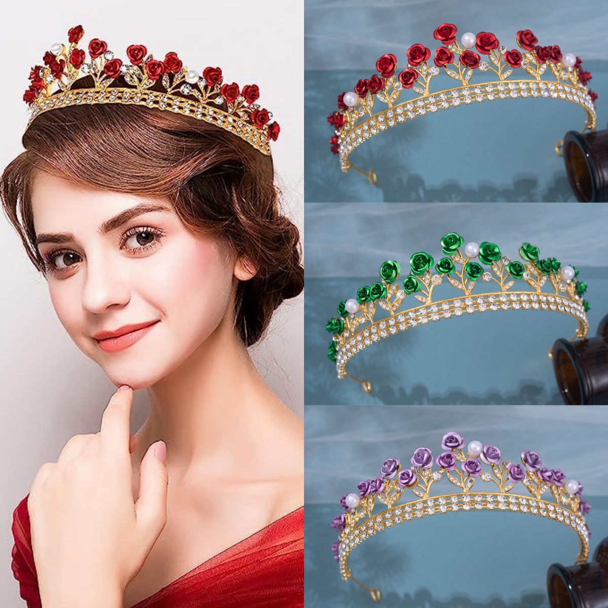 Women'S Accessories And Jewelry - Barocke Keramik-Brautkrone Strass-Diadem Haarschmuck Kristall-Perlen-Rosenkrone Tiara